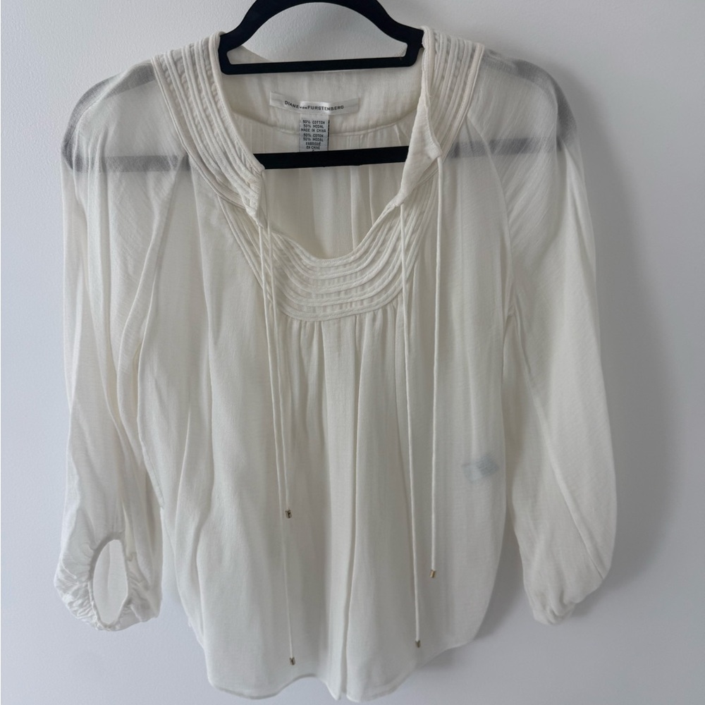 Diane Von Furstenberg Cream Peasant Blouse with Tie Neck